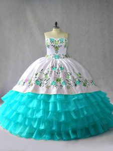 Blue And White Organza Lace Up Quinceanera Gowns Sleeveless Floor Length Embroidery and Ruffled Layers