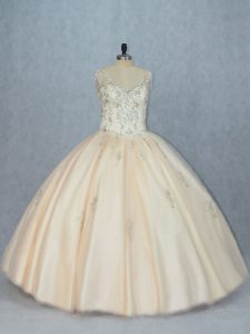 Champagne Ball Gown Prom Dress Sweet 16 and Quinceanera with Beading V-neck Sleeveless Lace Up