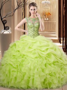 Yellow Green Ball Gowns Scoop Sleeveless Organza Floor Length Lace Up Beading and Ruffles and Pick Ups Quince Ball Gowns
