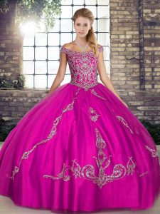 Fuchsia Ball Gowns Beading and Embroidery Quinceanera Dress Lace Up Tulle Sleeveless Floor Length