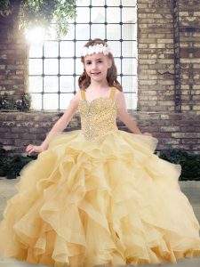 Floor Length Gold Kids Pageant Dress Tulle Sleeveless Beading and Ruffles