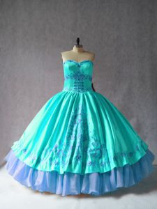 Classical Floor Length Aqua Blue 15th Birthday Dress Satin and Organza Sleeveless Embroidery
