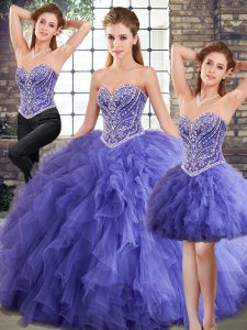 Lavender Three Pieces Tulle Sweetheart Sleeveless Beading and Ruffles Floor Length Lace Up 15th Birthday Dress