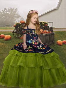 Olive Green Tulle Lace Up Kids Formal Wear Sleeveless Floor Length Embroidery