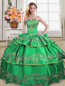 Designer Organza Sweetheart Sleeveless Lace Up Embroidery and Ruffled Layers Quinceanera Gown in Green