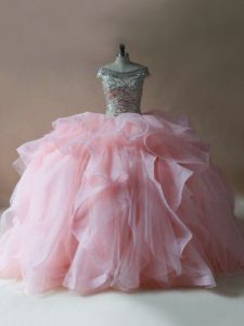 Pink Ball Gowns Tulle Off The Shoulder Sleeveless Beading and Ruffles Lace Up Sweet 16 Quinceanera Dress Brush Train