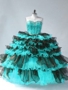 Sleeveless Organza Floor Length Lace Up Sweet 16 Dresses in Blue And Black with Beading and Ruffled Layers
