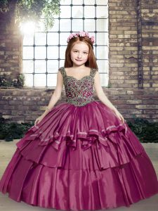Fuchsia Taffeta Lace Up Kids Pageant Dress Sleeveless Floor Length Beading