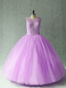 Ball Gowns Quinceanera Dresses Lilac Scoop Tulle Sleeveless Floor Length Lace Up