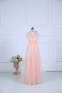 Modest Floor Length Peach Quinceanera Dama Dress Halter Top Sleeveless Zipper