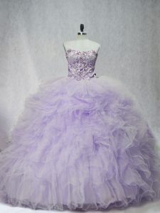 Lavender Lace Up Quince Ball Gowns Ruffles Sleeveless Brush Train