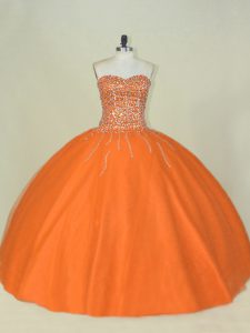 Orange Lace Up Sweetheart Beading 15th Birthday Dress Tulle Sleeveless