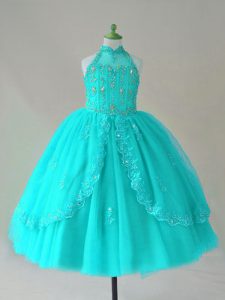 Customized Aqua Blue Tulle Lace Up Little Girls Pageant Dress Sleeveless Floor Length Beading and Appliques