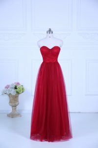 Wine Red Empire Tulle Sweetheart Sleeveless Ruching Floor Length Zipper Dama Dress