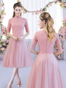 Customized Tea Length Zipper Quinceanera Court of Honor Dress Pink for Wedding Party with Lace