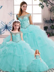 Hot Selling Aqua Blue Off The Shoulder Neckline Beading and Ruffles Ball Gown Prom Dress Sleeveless Lace Up