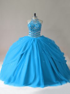 Baby Blue Ball Gowns Halter Top Sleeveless Tulle Floor Length Lace Up Beading Quinceanera Gown