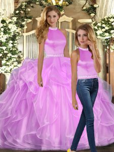 Comfortable Lilac Organza Backless Sweet 16 Dress Sleeveless Floor Length Beading and Ruffles