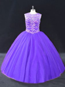 Tulle Halter Top Sleeveless Lace Up Beading Quinceanera Gowns in Purple