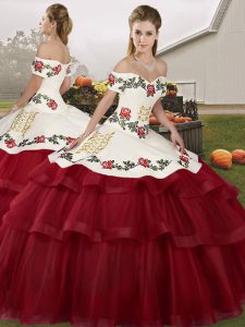 Wine Red Tulle Lace Up Quinceanera Dress Sleeveless Brush Train Embroidery and Ruffled Layers