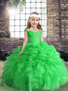 Low Price Green Organza Lace Up Straps Sleeveless Floor Length Little Girl Pageant Gowns Beading and Ruffles