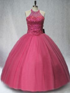 Red Lace Up 15 Quinceanera Dress Beading Sleeveless Floor Length