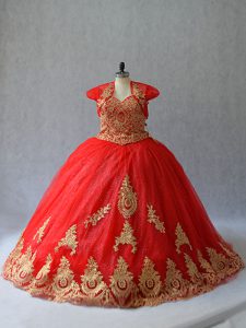Red Sweet 16 Dress Sweetheart Sleeveless Court Train Lace Up