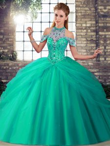 Turquoise Sleeveless Beading and Pick Ups Lace Up Quinceanera Gowns