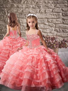 Organza Brush Train Lace Up Kids Pageant Dress in Watermelon Red with Beading and Ruffled Layers