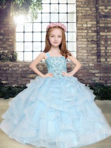 Excellent Light Blue Ball Gowns Tulle Straps Sleeveless Beading and Ruffles Floor Length Lace Up Little Girls Pageant Dress