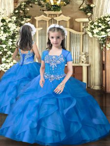 Blue Straps Neckline Beading and Ruffles Pageant Gowns For Girls Sleeveless Lace Up
