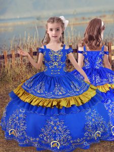 Floor Length Lace Up Kids Formal Wear Blue for Wedding Party with Beading and Embroidery