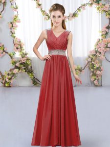 Sophisticated Floor Length Empire Sleeveless Wine Red Damas Dress Lace Up