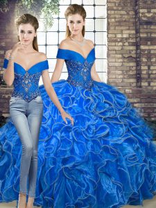 Popular Royal Blue Organza Lace Up Quinceanera Gowns Sleeveless Floor Length Beading and Ruffles