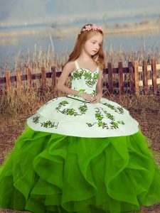 Popular Green Sleeveless Floor Length Embroidery and Ruffles Lace Up Little Girls Pageant Dress Wholesale