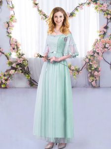 Elegant Light Blue Empire Tulle Off The Shoulder Half Sleeves Lace and Belt Floor Length Side Zipper Quinceanera Court of Honor Dress