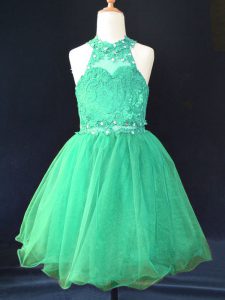 Dazzling Halter Top Sleeveless Flower Girl Dresses for Less Mini Length Beading and Lace Green Organza