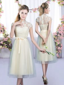 Champagne Dama Dress for Quinceanera Wedding Party with Lace and Bowknot High-neck Cap Sleeves Zipper