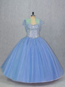 Glittering Beading Sweet 16 Quinceanera Dress Blue Lace Up Sleeveless Floor Length