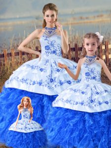 Free and Easy Blue And White Organza Lace Up 15 Quinceanera Dress Sleeveless Floor Length Court Train Embroidery and Ruffles