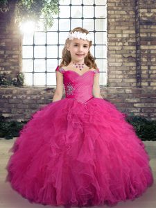 Fashion Sleeveless Floor Length Beading and Ruffles Lace Up Little Girls Pageant Gowns with Fuchsia