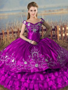 Purple Off The Shoulder Lace Up Embroidery and Ruffled Layers Sweet 16 Dresses Sleeveless