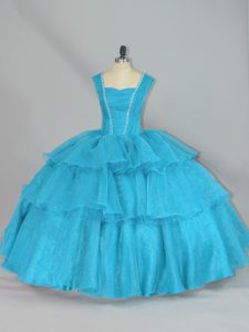 Captivating Aqua Blue Ball Gowns Straps Sleeveless Organza Floor Length Lace Up Beading and Ruffled Layers Ball Gown Prom Dress