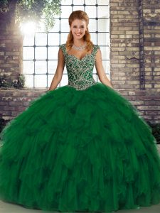 Deluxe Green Quinceanera Gowns Military Ball and Sweet 16 and Quinceanera with Beading and Ruffles Straps Sleeveless Lace Up