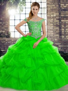 Designer Off The Shoulder Sleeveless Juniors Party Dress Brush Train Beading and Pick Ups Green Tulle