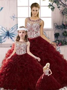 Great Burgundy Organza Lace Up Quinceanera Gown Sleeveless Floor Length Beading and Ruffles