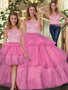 Hot Pink Three Pieces Tulle Scoop Sleeveless Lace Floor Length Zipper Quinceanera Dresses