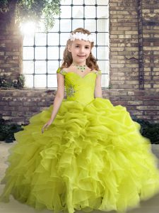Sleeveless Floor Length Beading and Ruffles and Pick Ups Lace Up Little Girl Pageant Dress with Yellow Green