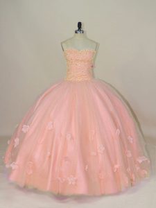 Luxury Pink Lace Up Quince Ball Gowns Hand Made Flower Sleeveless Floor Length