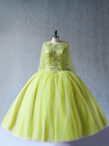 Scoop Long Sleeves Sweet 16 Dresses Floor Length Beading Yellow Green Tulle